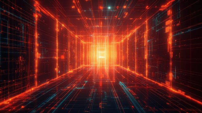 Digital data tunnel cyberspace network glowing red light