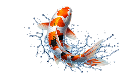 Two orange and white koi fish jumping in water isolated on transparent background