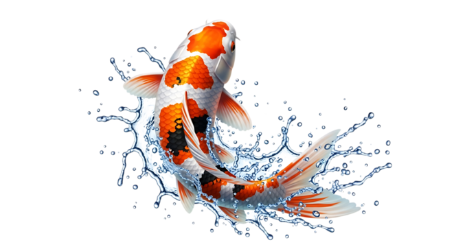 Two orange and white koi fish jumping in water isolated on transparent background