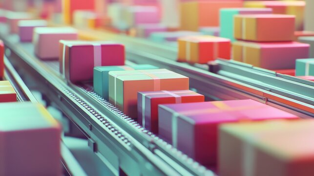 Colorful packages moving on conveyor belt system in distribution center