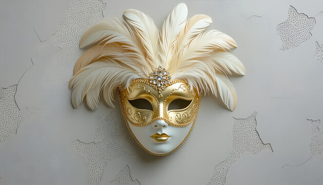 Gold feather carnival mask on pale concrete background with copy space