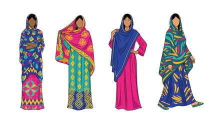 Colorful Traditional Clothing Styles of Four Women in Diverse Cultural Attire