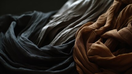 Ethereal Flow of Textured Fabrics - Deep Teal and Warm Earth Tones in Dramatic Light.