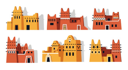 Traditional African Architecture Collection A Set of Stylized Illustrations Featuring Mud Brick Buildings with Unique Designs and Intricate Details
