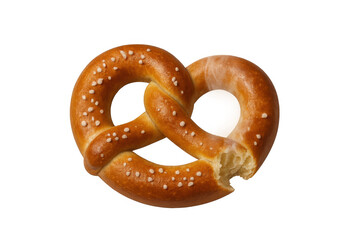 Soft pretzel with salt, showing a bite mark, traditional baked good for snack or breakfast, transparent background