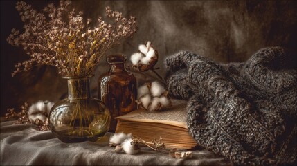 Rustic Still Life - Dried Flowers, Vintage Book, Cotton, and Cozy Textures in Warm Light.