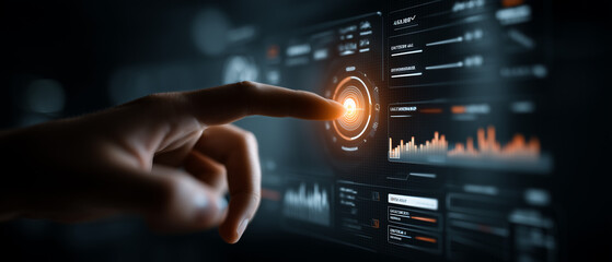 Futuristic holographic interface with finger interacting with glowing data visualization chart
