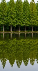 Fototapeta premium Row of Evergreen Trees Reflected in Calm Water.