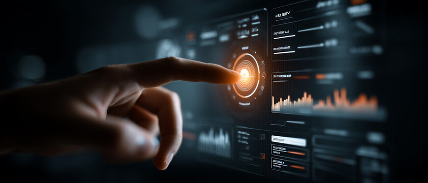 Futuristic holographic interface with finger interacting with glowing data visualization chart - Powered by Adobe
