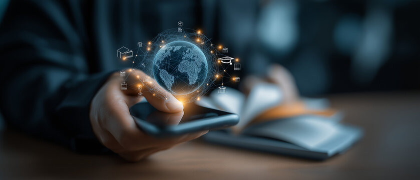 Global network connection and online education hologram on smartphone screen with digital icons