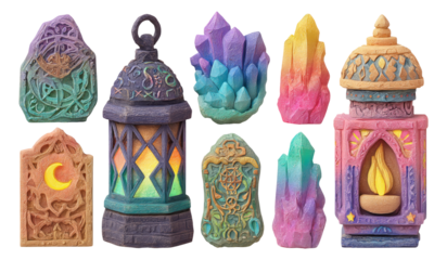 Colorful Crystal Lanterns and Decorative Shapes for Fantasy and Magic Themes