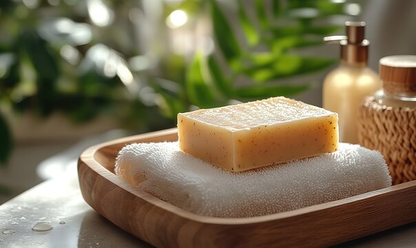 Organic soap bar on a soft towel in a wooden tray with a natural background
