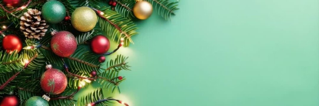 Christmas banner with sparkling lights garland, Xmas balls, fir tree twigs and copy space on green background