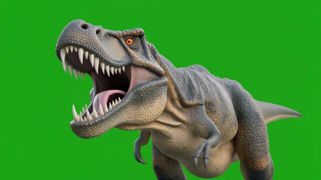 Majestic Tyrannosaurus Rex Roaring Ferociously, A Realistic 3D Dinosaur Model Rendered on a Vibrant Green Screen Background