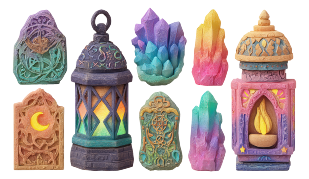 Colorful Crystal Lanterns and Decorative Shapes for Fantasy and Magic Themes
