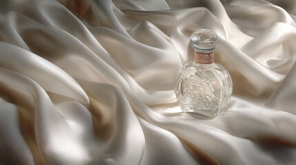 Ethereal Glass Perfume Bottle Resting on Luminous, Flowing Iridescent Silk.
