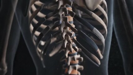Medical Animation Depicting Human Spine Anatomy Skeletal System Lumbar Cervical Thoracic Vertebrae Discs Joint Ligament Detail With Blue Glowing Intervertebral Spaces