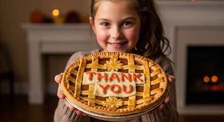 Thank You – inscription on pumpkin pie in hands of little girl, child Thanksgiving poster.