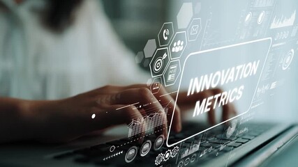 Abstract concept of innovation metrics with digital interface and hands typing on keyboard in modern workspace. Asymptotic smart data analytic. - Powered by Adobe