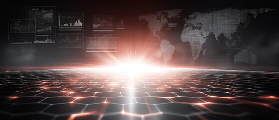Digital futuristic network grid with glowing lines and global map background