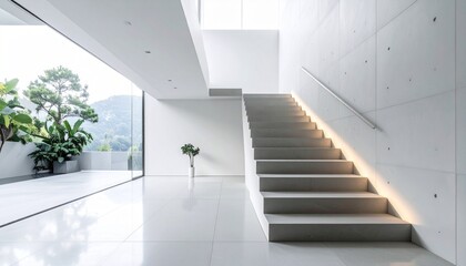 Modern Minimalist Interior Staircase, Concrete, Large Window, Nature View