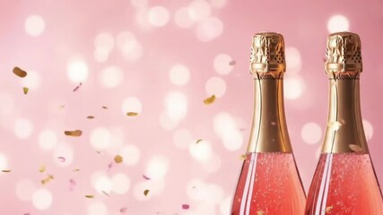 Two Beautiful Pink Rose Champagne Bottles With Golden Foil Caps Against A Soft Blurred Bokeh Light Background While Confetti Rains Down For The Happy New Year Eve Party And Merry Christmas 2026 Celebr - Powered by Adobe