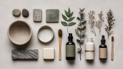 Natural Skincare Essentials Arranged Artfully with Botanicals and Stones.