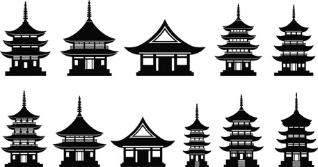 Traditional Japanese and Chinese Pagoda Temple Shrine Architecture Silhouette Icons Set for Asia Culture Travel Landmarks Design Elements