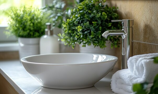 Modern bathroom with white oval sink, chrome faucet, green plants, clean towel