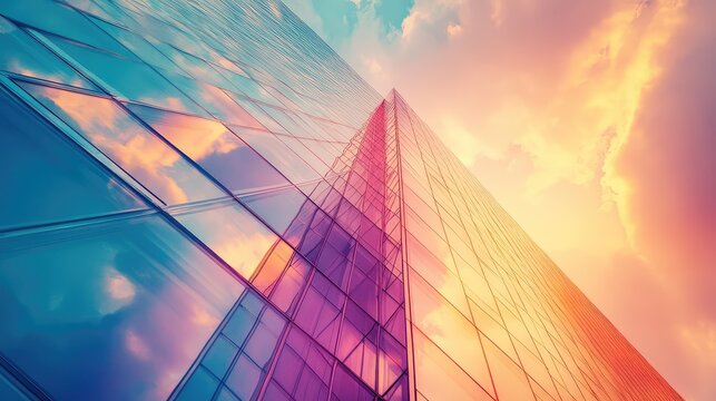 Modern skyscraper reflecting colorful sunset sky - Powered by Adobe