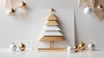 Abstract Christmas tree shape with golden decorations and ornaments  