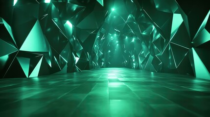 Futuristic green crystal tunnel with abstract geometric shapes