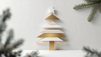 Abstract Christmas tree shape in minimalist design with gold accents  