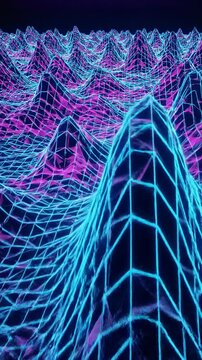 Abstract aerial drone view simulation of complex undulating geometric topographical terrain resembling multiple sound frequency layers abstract aerial drone view, smooth panning, innovation