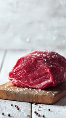 Prime Raw Beef Roast Seasoned with Coarse Sea Salt on a Rustic Wooden Cutting Board.