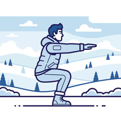 Flat illustration of a man doing squat in winter season