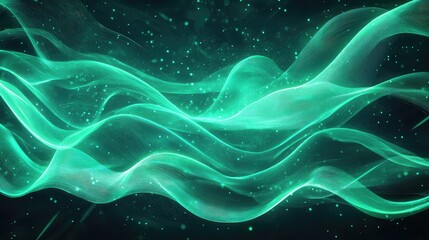Abstract glowing green digital wave particles background