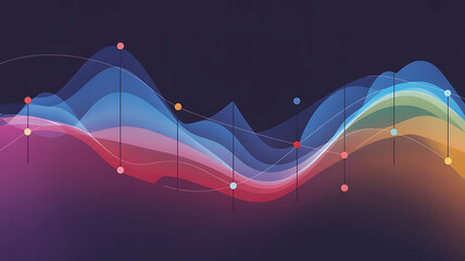 Abstract colorful wavy data visualization with glowing dots and lines on dark background