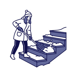 Flat illustration of a woman removing snow from wooden steps