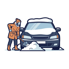 Flat illustration of a woman shoveling snow around a parked car