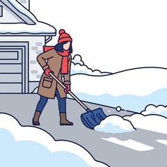 Flat illustration of a woman shoveling snow from a driveway