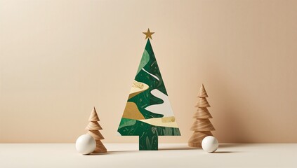 Abstract Christmas tree shape in green and beige colors with wooden decor  