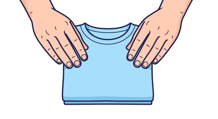 Flat illustration of shopkeeper hands folding a T-shirt, bold navy outline, soft minimal colors, isolated on white