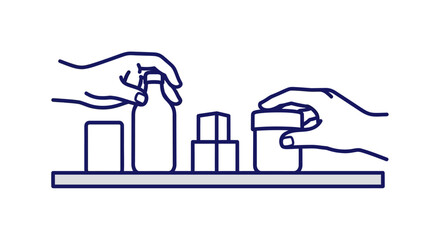 Hands arranging products on a display shelf, minimalist flat artwork, bold navy outline