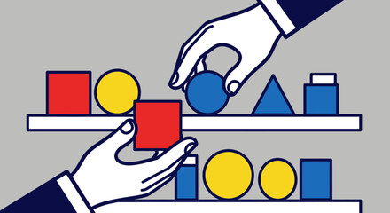 Hands arranging products on a display shelf, minimalist flat artwork