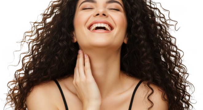Joyful woman with long curly hair laughing head back eyes closed black background transparent background - Powered by Adobe
