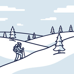 Flat illustration of a man doing hiking on mountain in winter