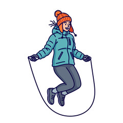 Flat illustration of a woman is jumping rope in winter