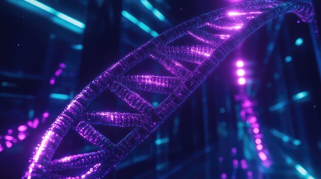 Dna structure displaying futuristic purple neon helix