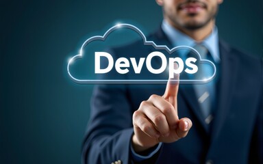 A businessman touches a DevOps icon, representing the collaboration between development and operations teams to automate processes, software deployment, and ensure continuous integration and delivery.